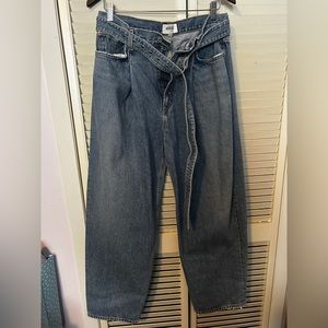 high waisted with a belt, wide denim pants.